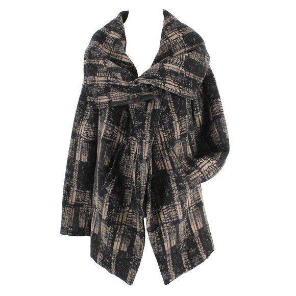 Funktional Sz L Black Tan Plaid Big Collar Lined Zip Wool Blend Poly Jacket - Picture 1 of 5